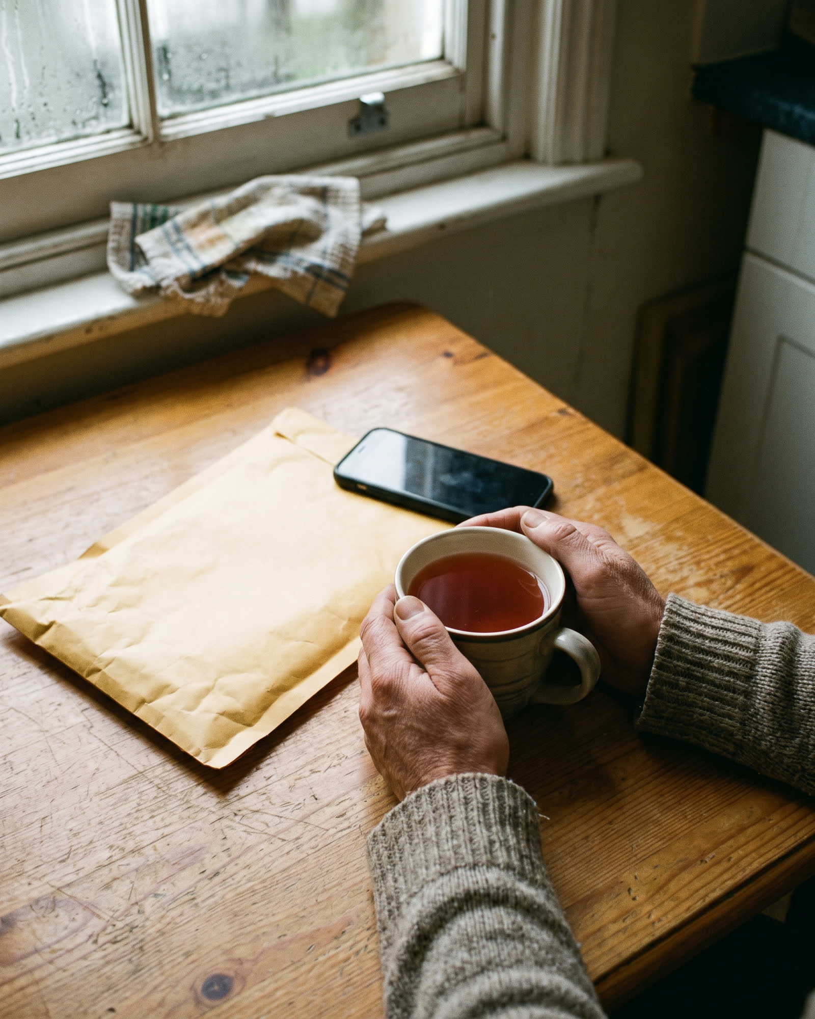 Hands around a mug of rooibos tea on a kitchen table in early-morning light