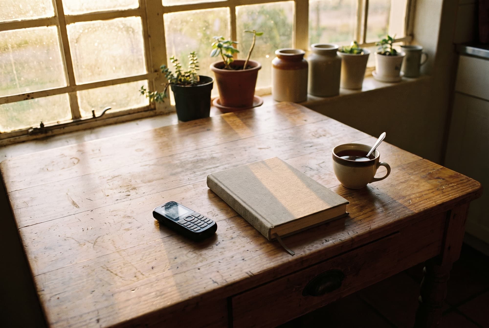 A phone lying face-down beside a closed notebook and a cup of tea in morning light