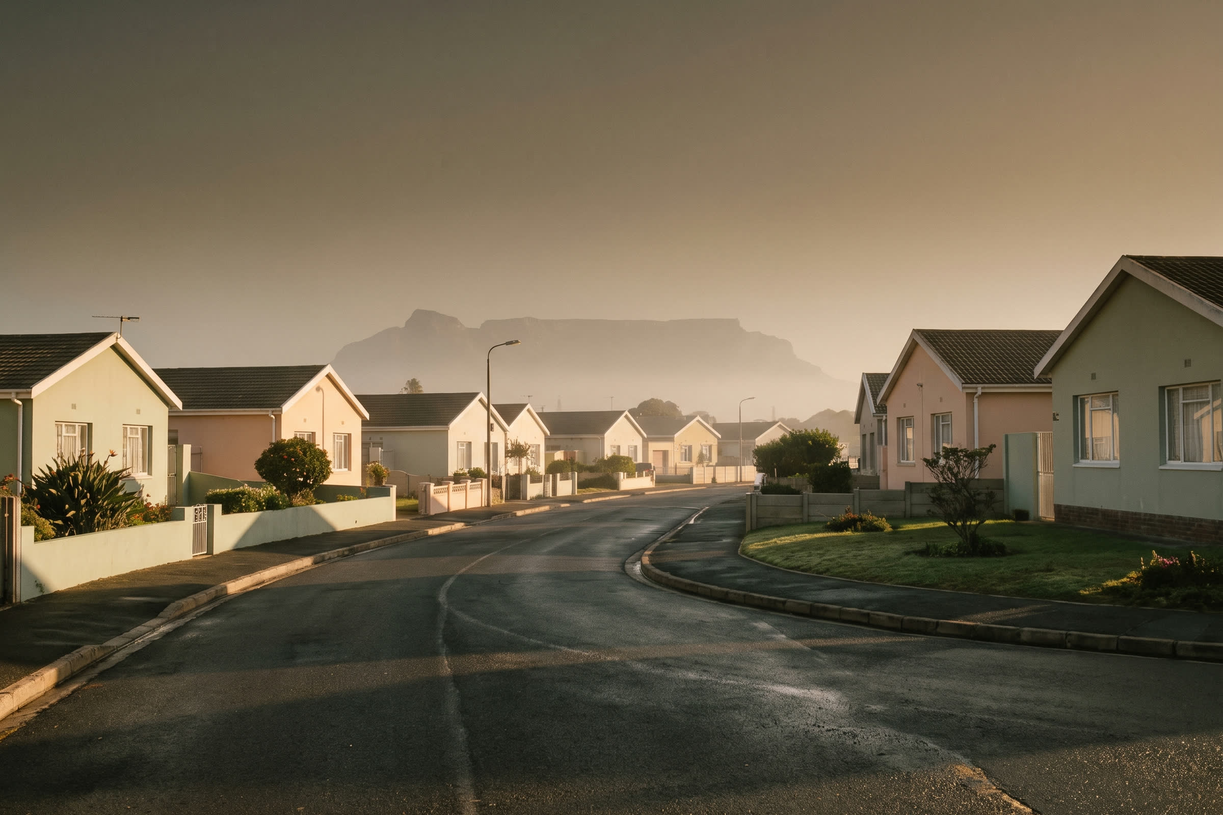 A quiet residential street in a Cape Town suburb at early morning